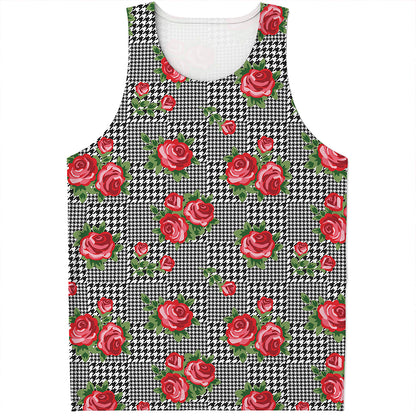 Red Roses Houndstooth Pattern Print Men's Tank Top