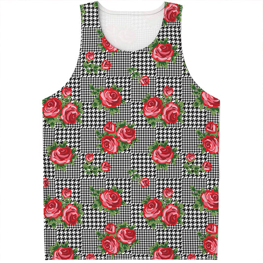 Red Roses Houndstooth Pattern Print Men's Tank Top