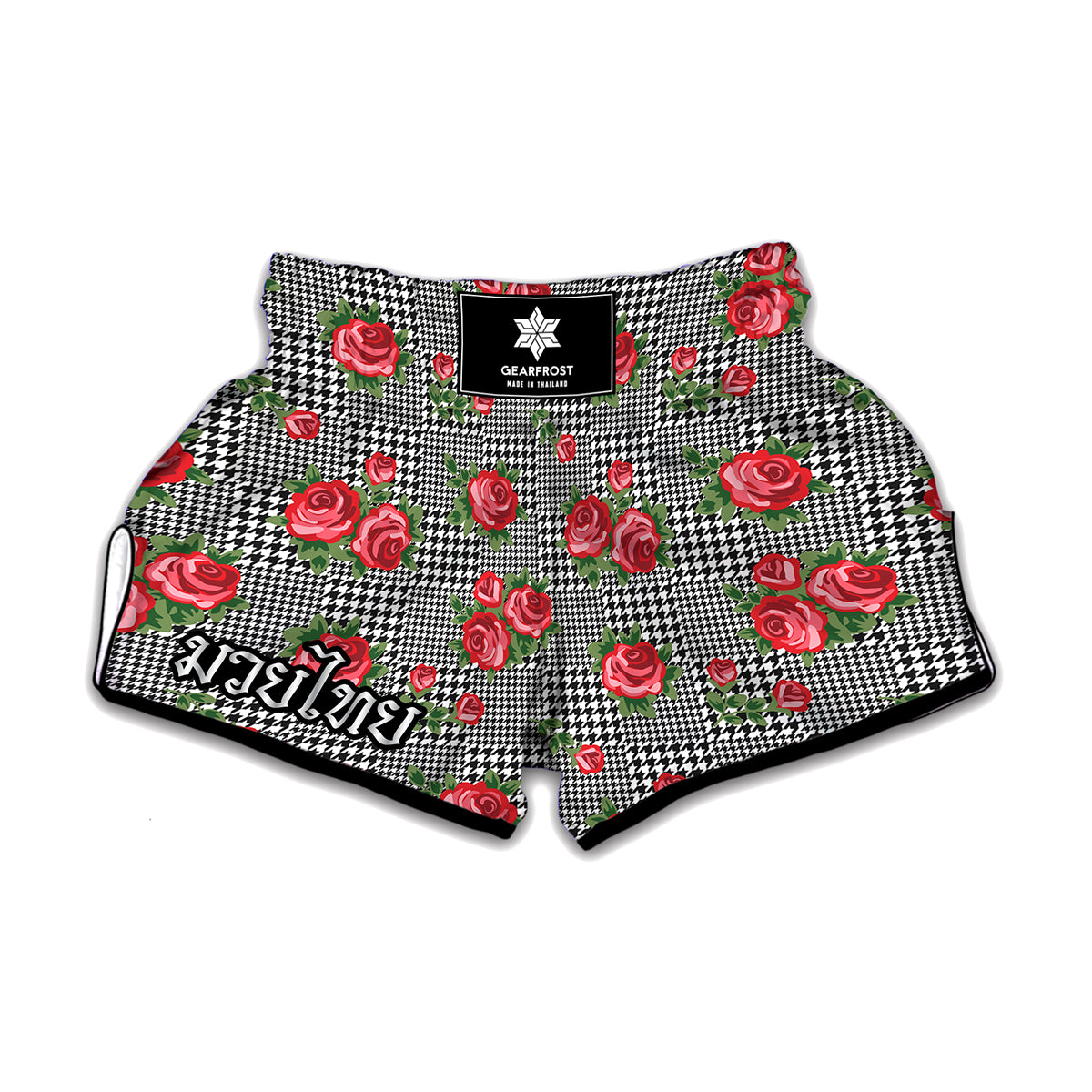 Red Roses Houndstooth Pattern Print Muay Thai Boxing Shorts
