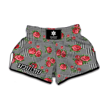 Red Roses Houndstooth Pattern Print Muay Thai Boxing Shorts