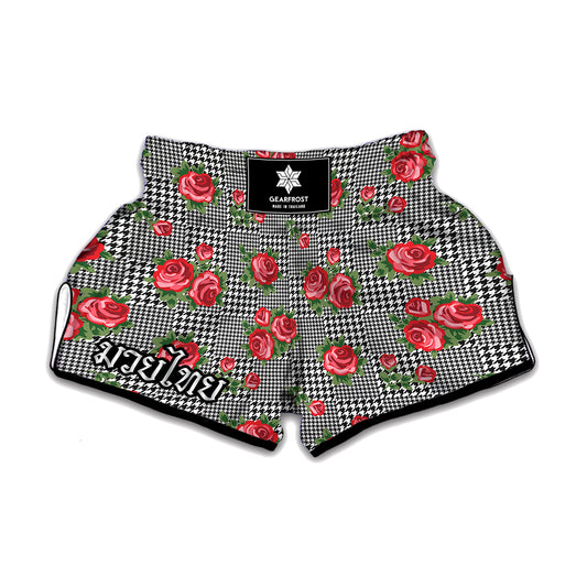 Red Roses Houndstooth Pattern Print Muay Thai Boxing Shorts