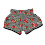 Red Roses Houndstooth Pattern Print Muay Thai Boxing Shorts