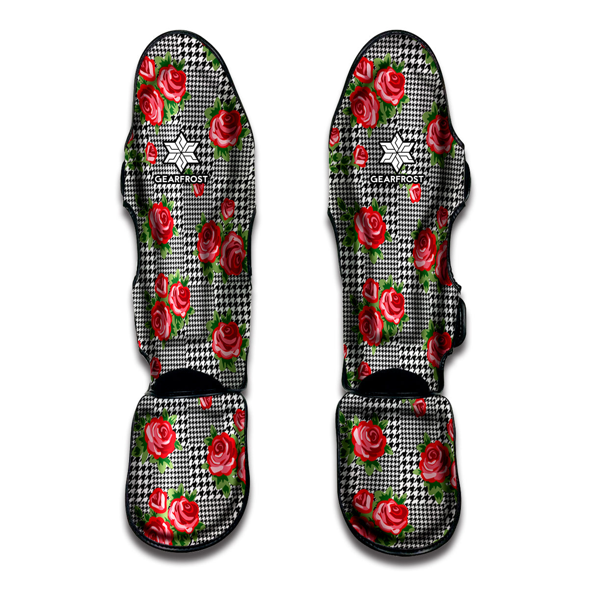 Red Roses Houndstooth Pattern Print Muay Thai Shin Guard