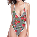 Red Roses Houndstooth Pattern Print One Piece High Cut Swimsuit