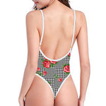 Red Roses Houndstooth Pattern Print One Piece High Cut Swimsuit