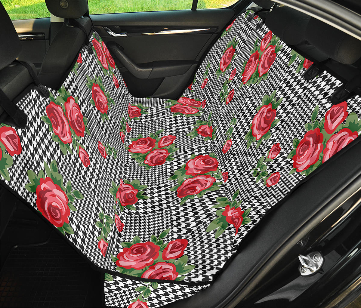 Red Roses Houndstooth Pattern Print Pet Car Back Seat Cover