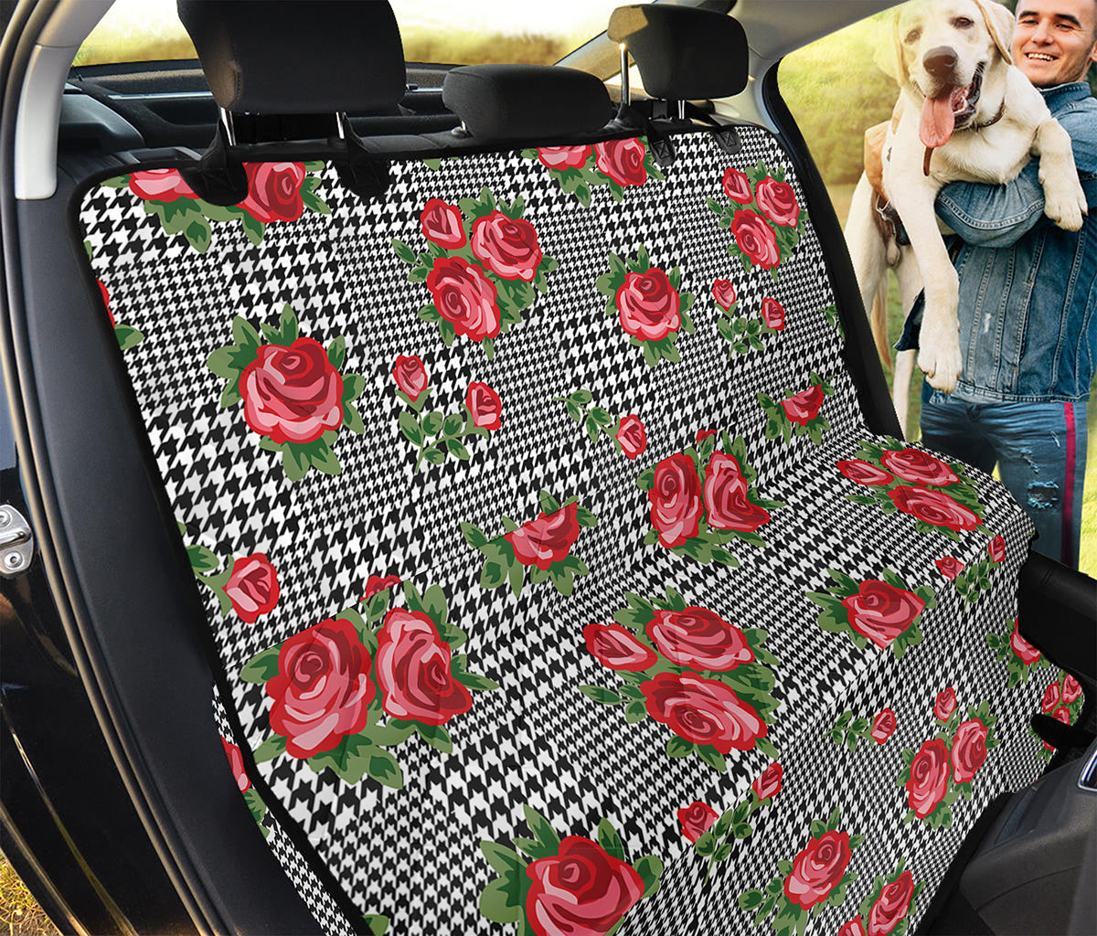 Red Roses Houndstooth Pattern Print Pet Car Back Seat Cover