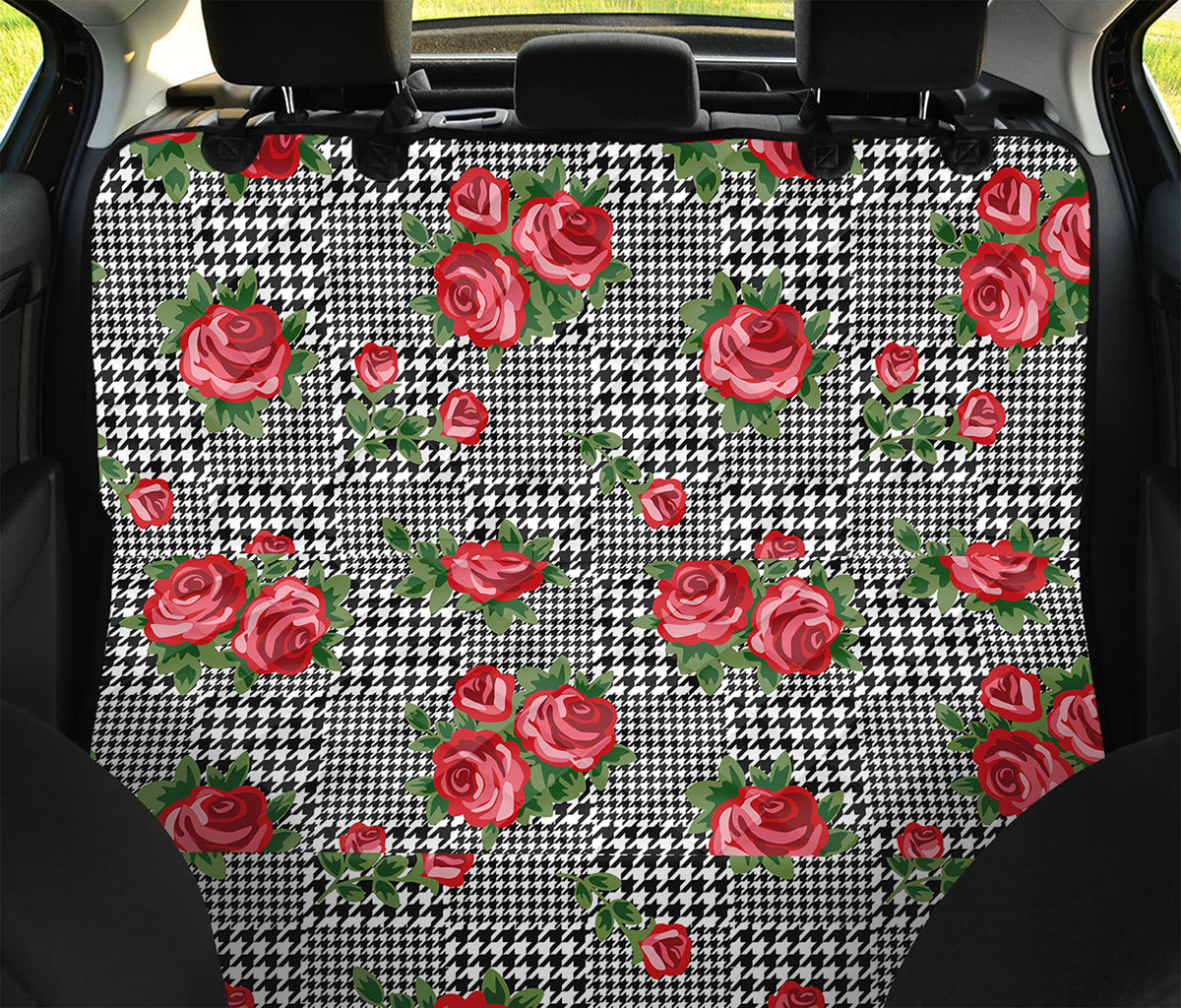 Red Roses Houndstooth Pattern Print Pet Car Back Seat Cover