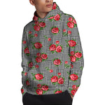 Red Roses Houndstooth Pattern Print Pullover Hoodie