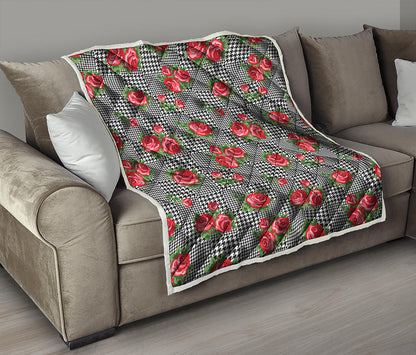 Red Roses Houndstooth Pattern Print Quilt