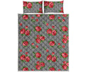 Red Roses Houndstooth Pattern Print Quilt Bed Set