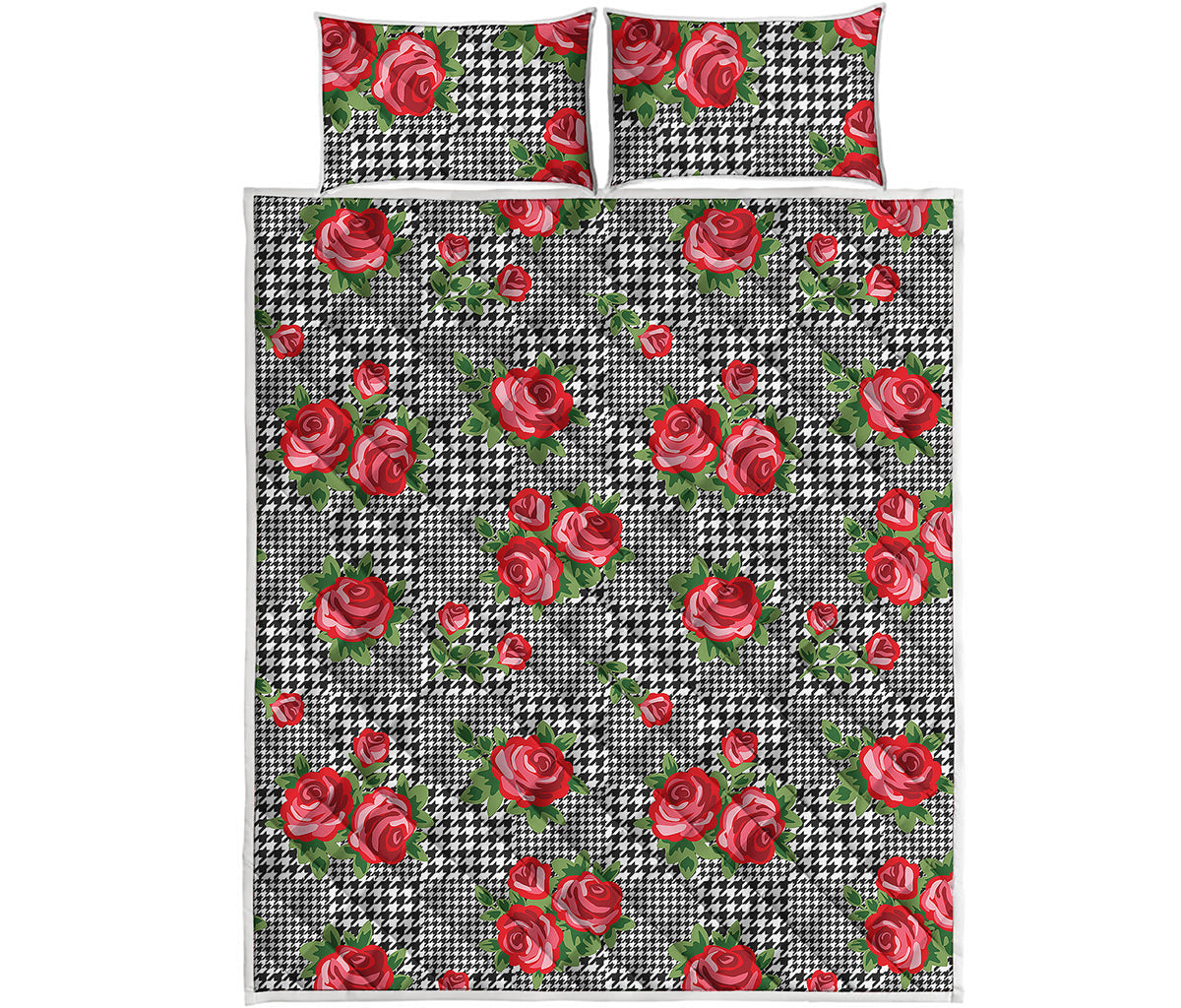 Red Roses Houndstooth Pattern Print Quilt Bed Set