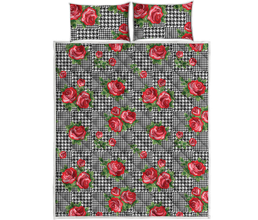 Red Roses Houndstooth Pattern Print Quilt Bed Set