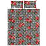 Red Roses Houndstooth Pattern Print Quilt Bed Set