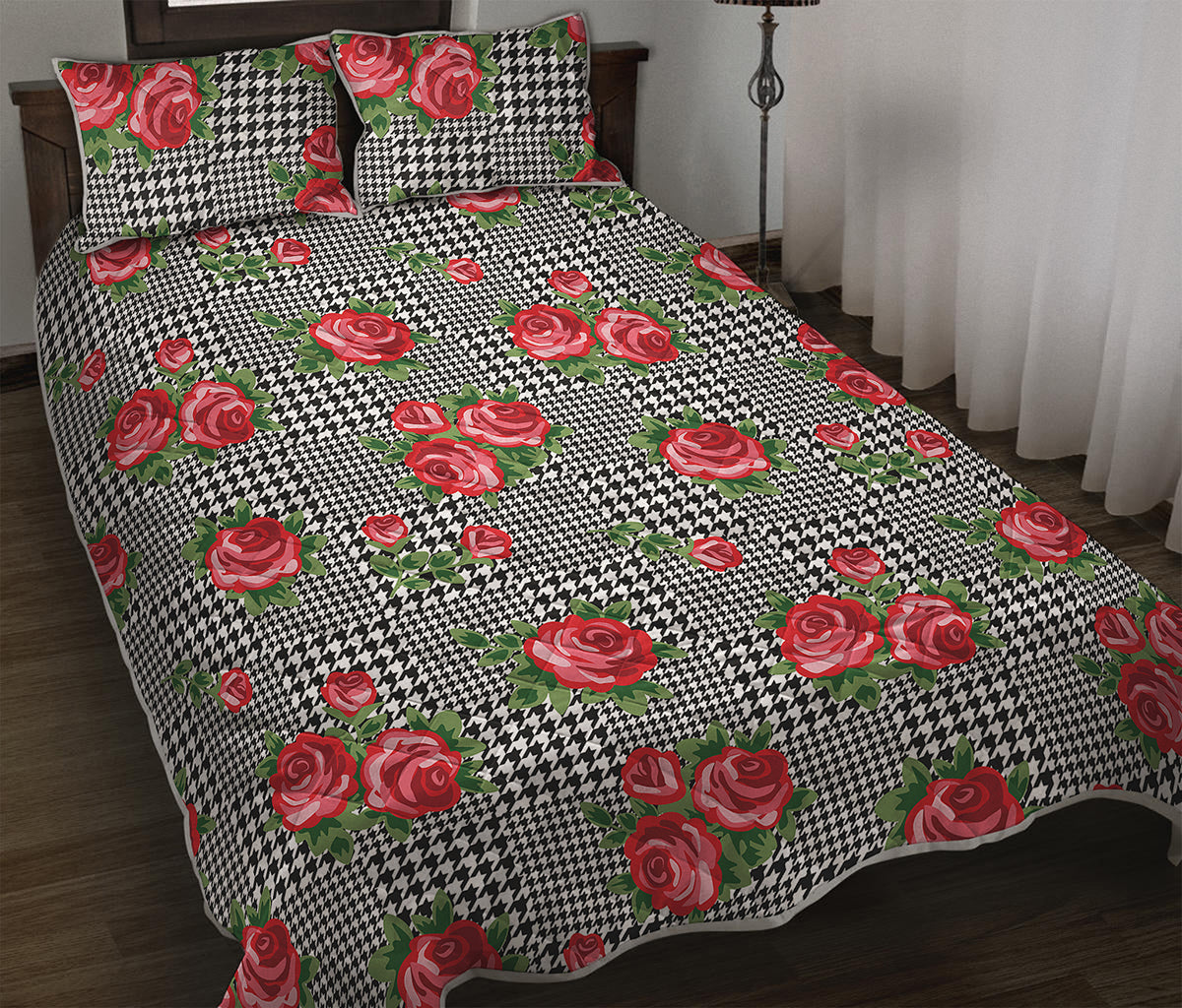 Red Roses Houndstooth Pattern Print Quilt Bed Set