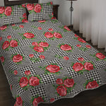 Red Roses Houndstooth Pattern Print Quilt Bed Set