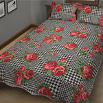 Red Roses Houndstooth Pattern Print Quilt Bed Set