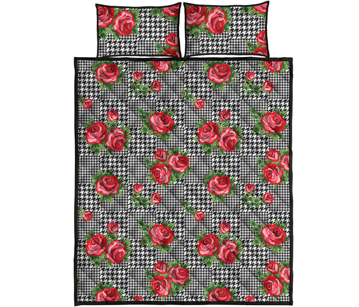 Red Roses Houndstooth Pattern Print Quilt Bed Set