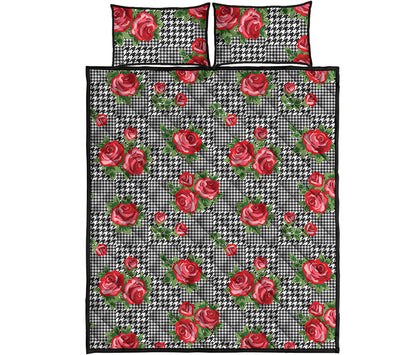 Red Roses Houndstooth Pattern Print Quilt Bed Set