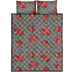 Red Roses Houndstooth Pattern Print Quilt Bed Set