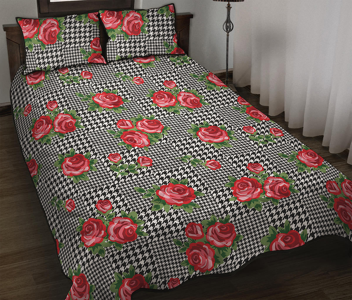 Red Roses Houndstooth Pattern Print Quilt Bed Set