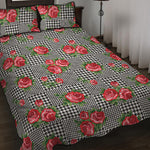 Red Roses Houndstooth Pattern Print Quilt Bed Set