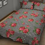 Red Roses Houndstooth Pattern Print Quilt Bed Set