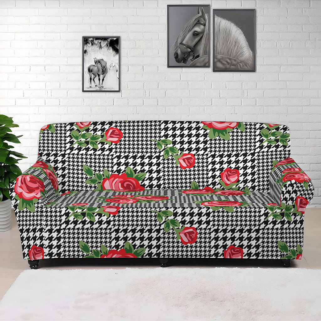 Red Roses Houndstooth Pattern Print Sofa Cover
