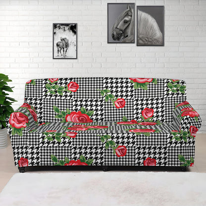 Red Roses Houndstooth Pattern Print Sofa Cover