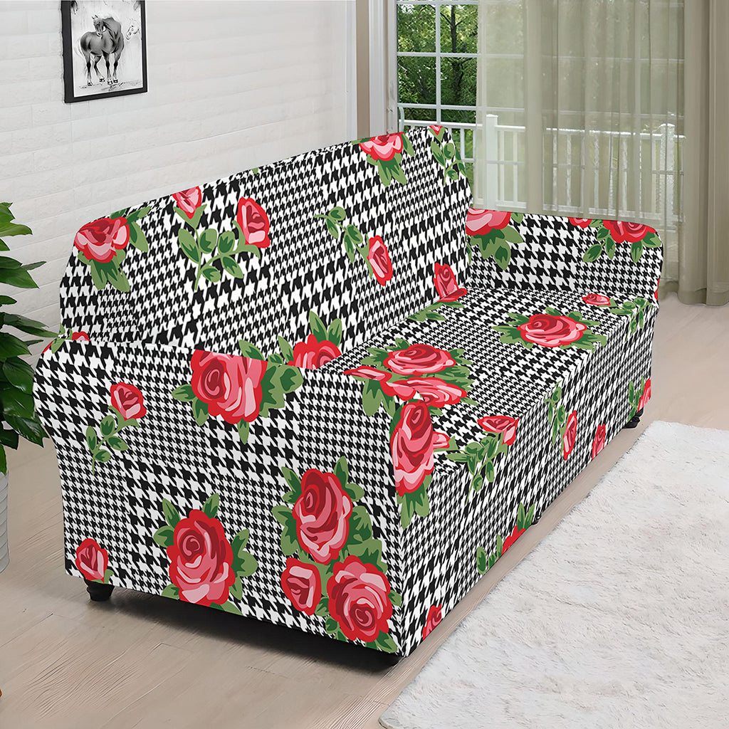 Red Roses Houndstooth Pattern Print Sofa Cover
