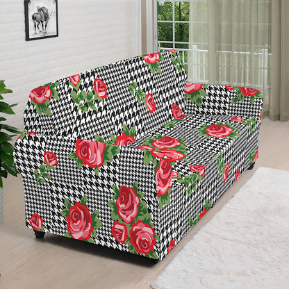 Red Roses Houndstooth Pattern Print Sofa Cover
