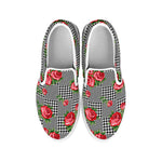 Red Roses Houndstooth Pattern Print White Slip On Shoes