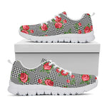 Red Roses Houndstooth Pattern Print White Sneakers