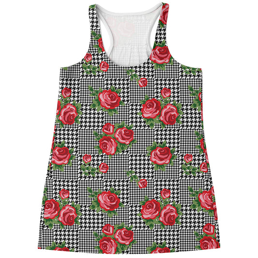 Red Roses Houndstooth Pattern Print Women's Racerback Tank Top