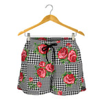 Red Roses Houndstooth Pattern Print Women's Shorts