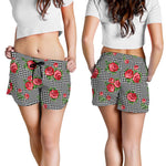 Red Roses Houndstooth Pattern Print Women's Shorts