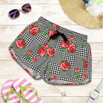 Red Roses Houndstooth Pattern Print Women's Shorts