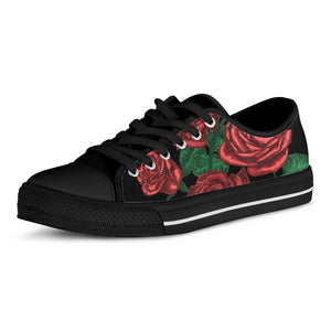 Red Roses Tattoo Print Black Low Top Shoes