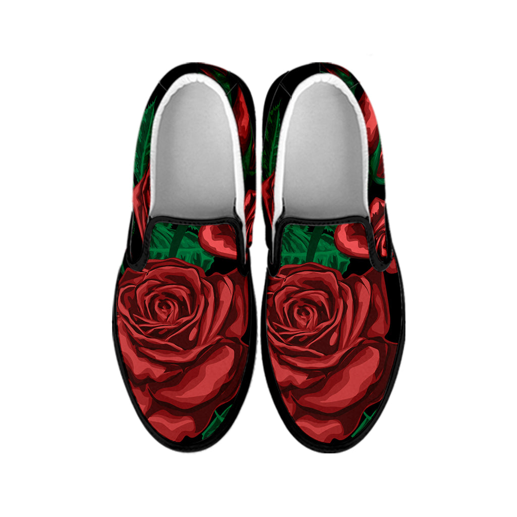 Red Roses Tattoo Print Black Slip On Shoes