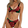 Red Roses Tattoo Print Front Bow Tie Bikini