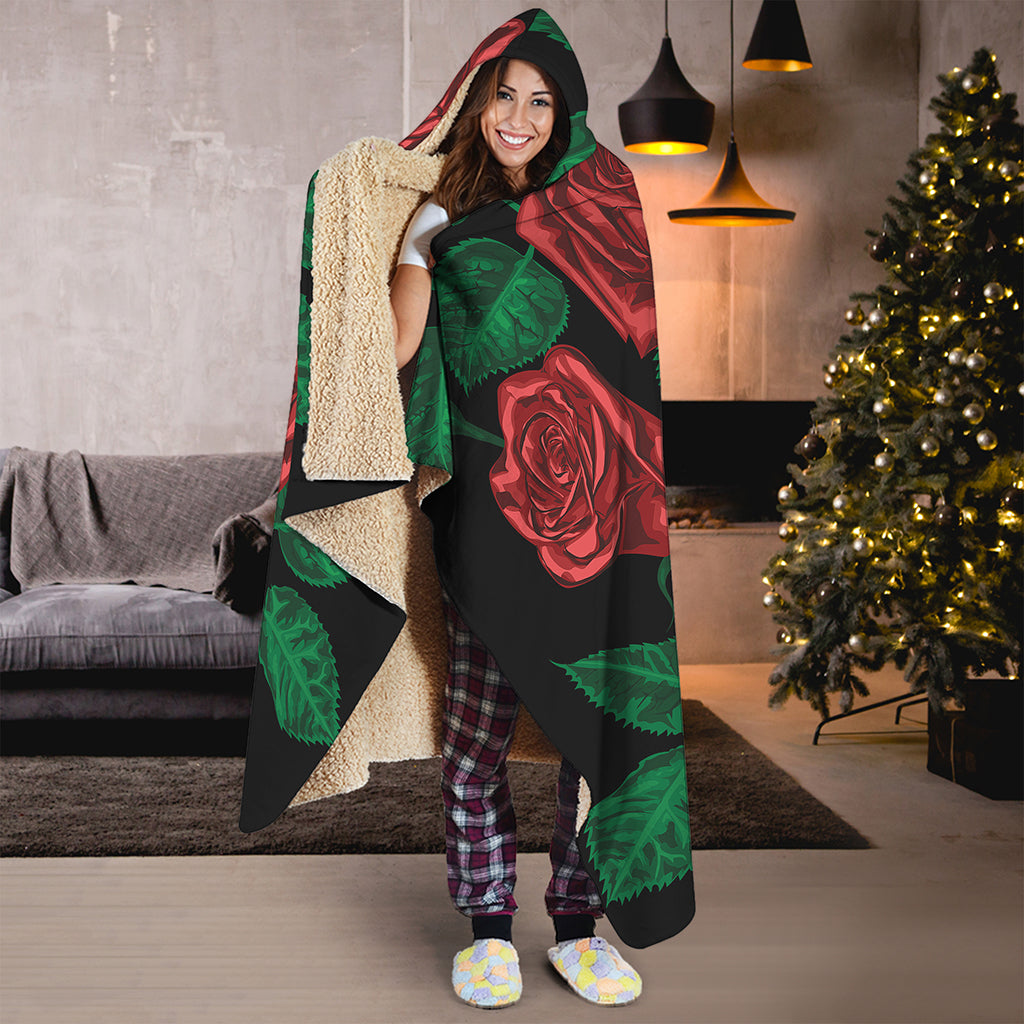 Red Roses Tattoo Print Hooded Blanket