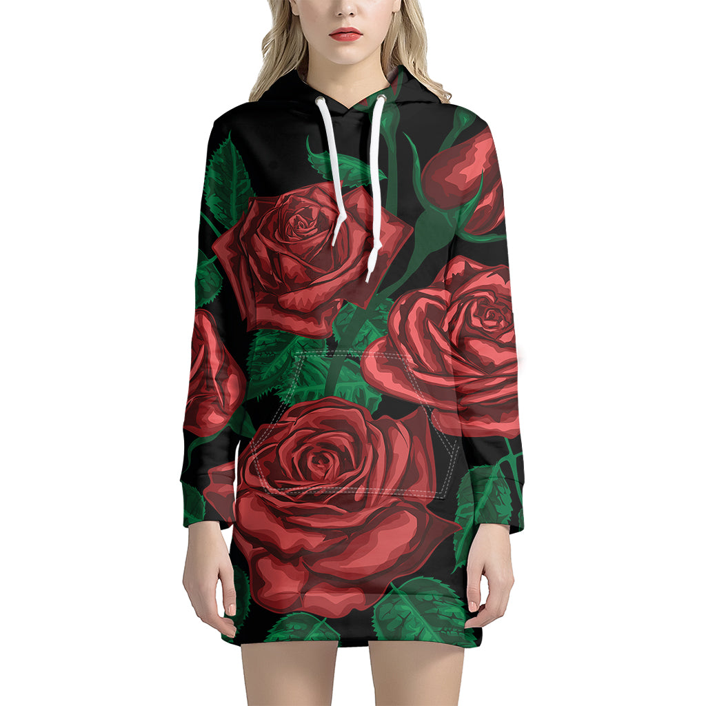 Red Roses Tattoo Print Hoodie Dress