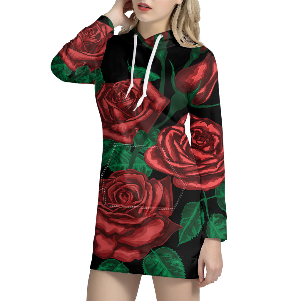 Red Roses Tattoo Print Hoodie Dress