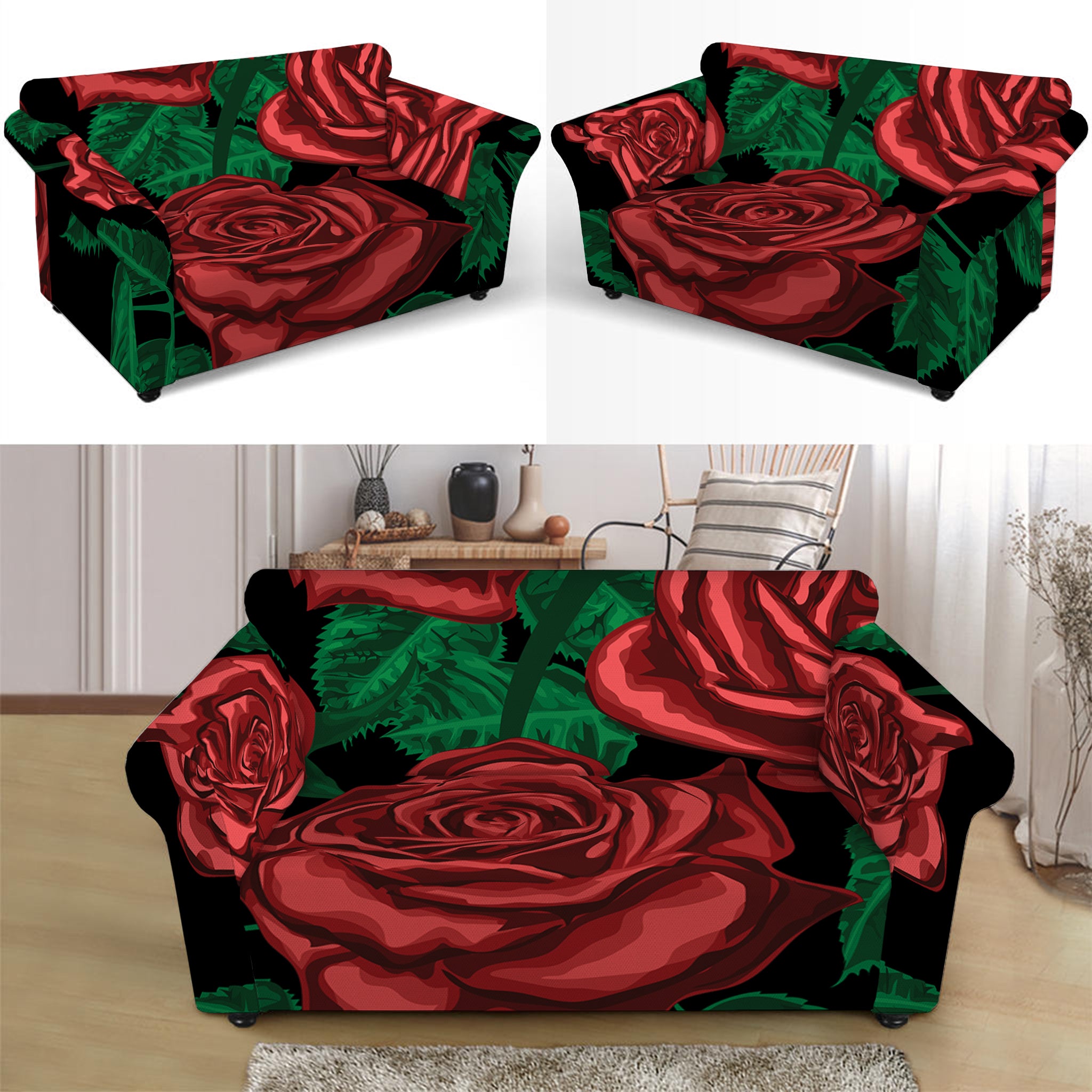 Red Roses Tattoo Print Loveseat Slipcover