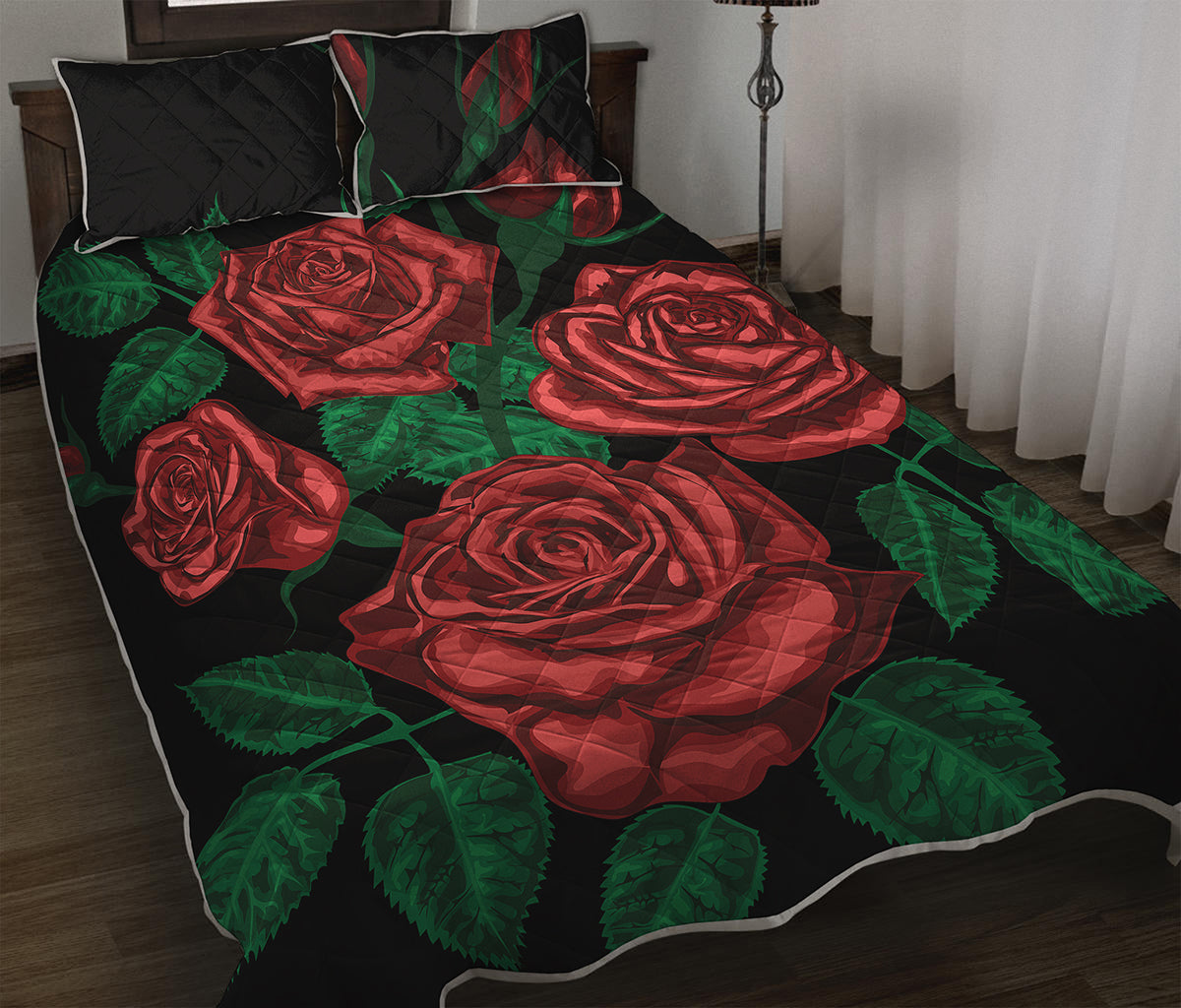 Red Roses Tattoo Print Quilt Bed Set