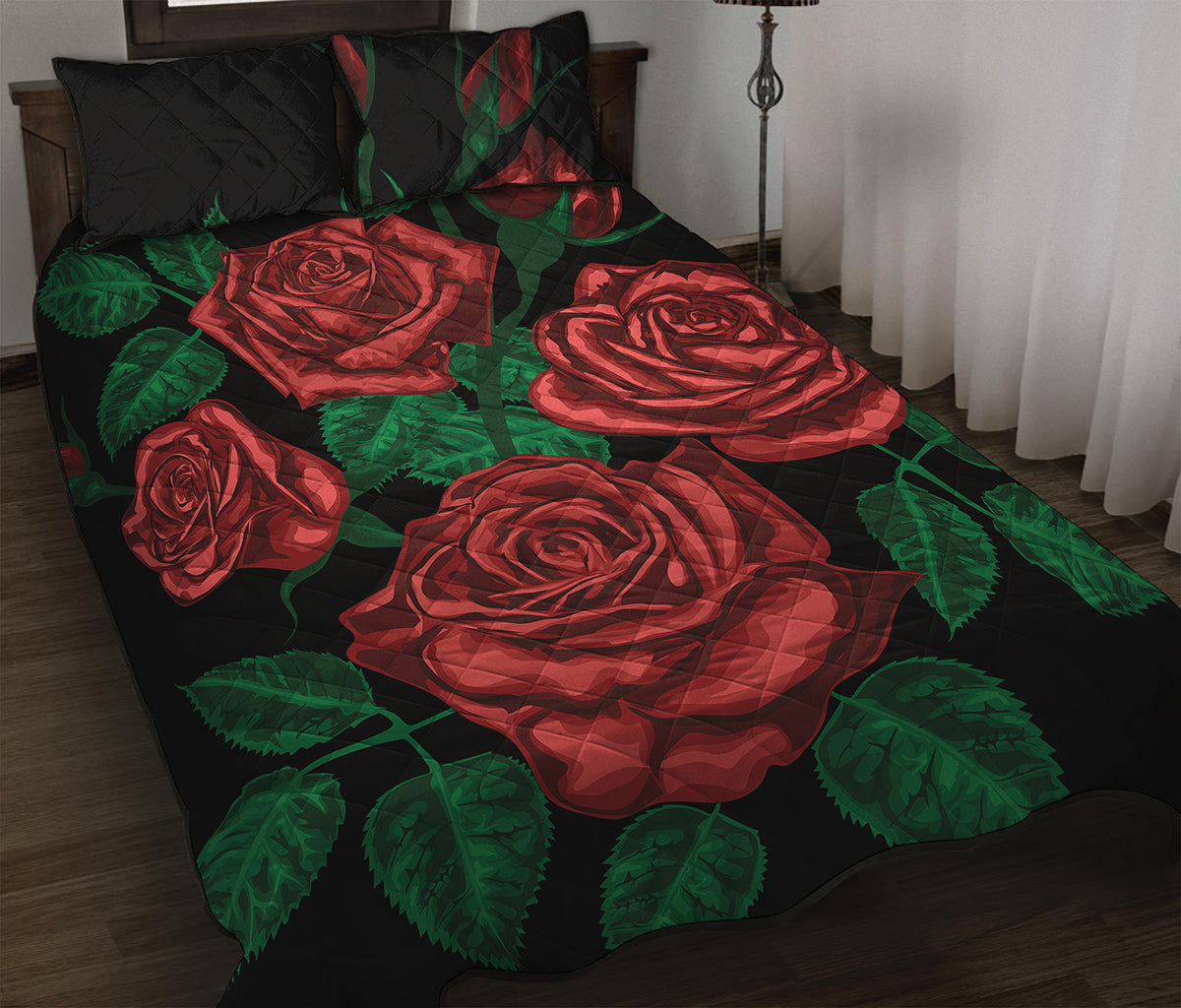 Red Roses Tattoo Print Quilt Bed Set