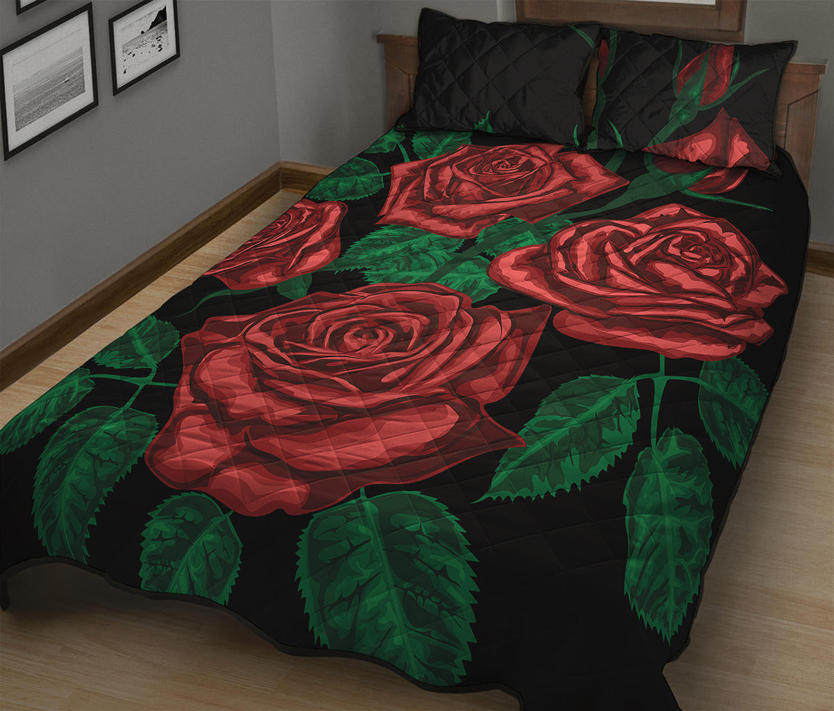 Red Roses Tattoo Print Quilt Bed Set