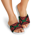 Red Roses Tattoo Print White Slide Sandals