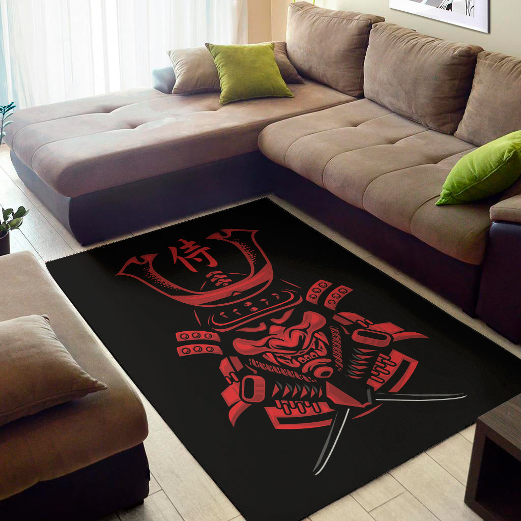 Red Samurai Mask Print Area Rug