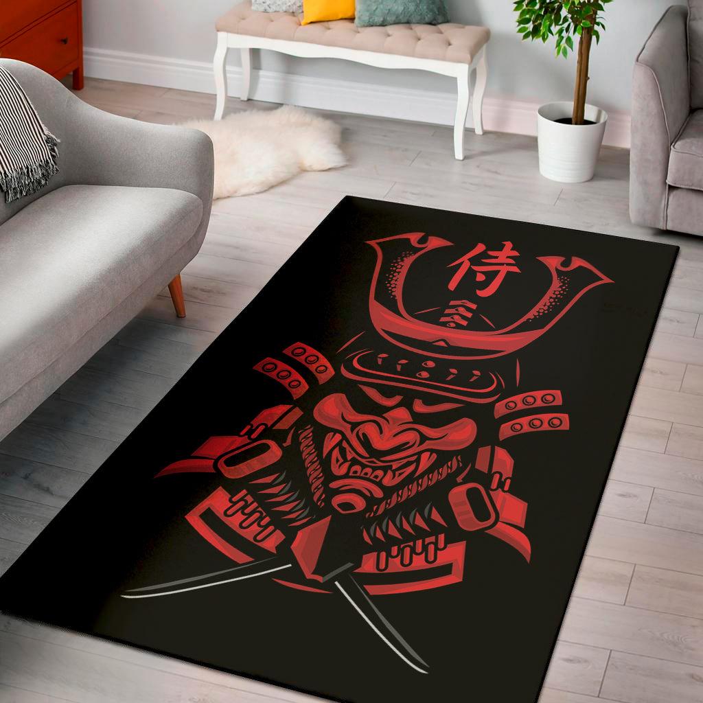 Red Samurai Mask Print Area Rug